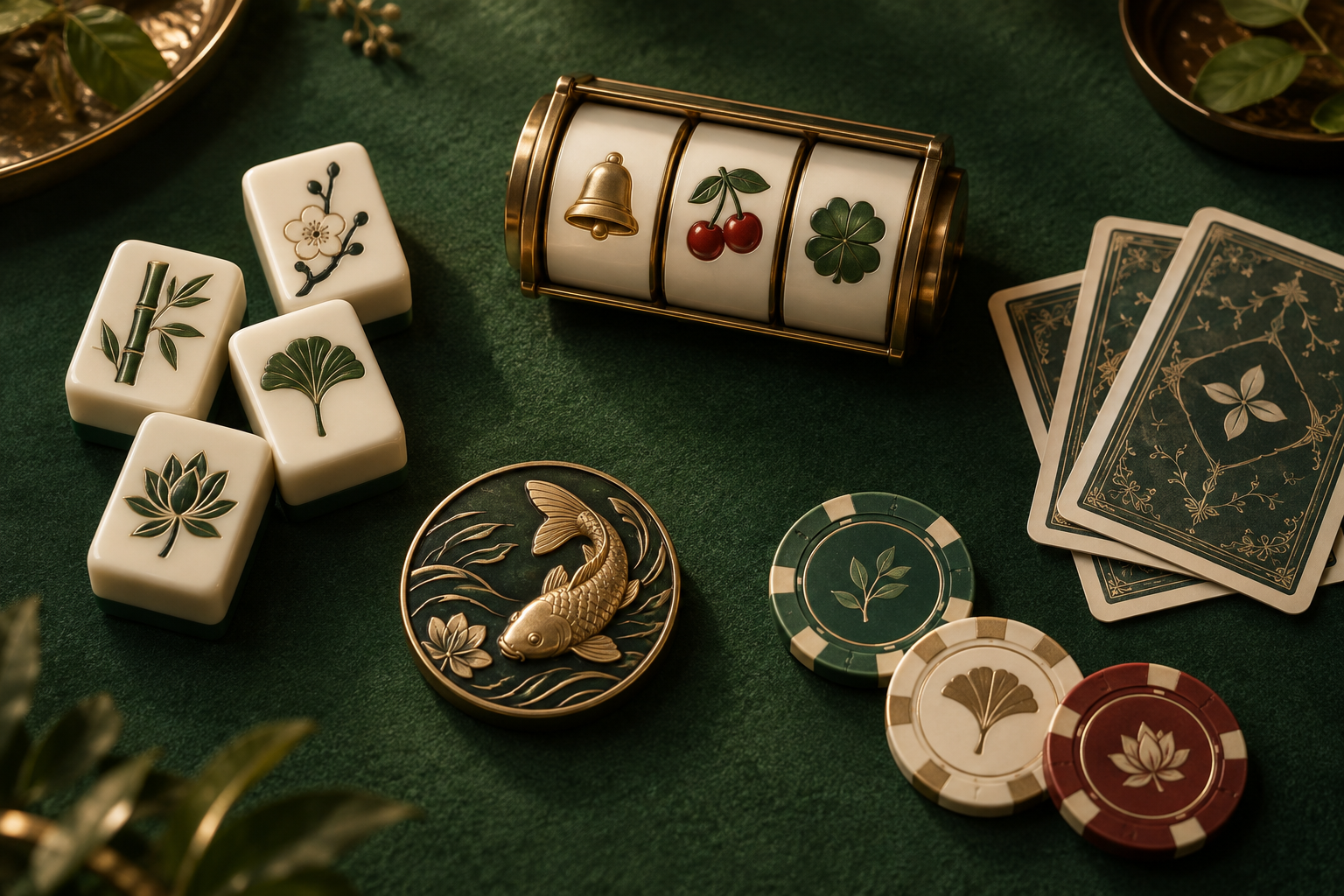 Ilustrasi editorial permainan dengan ubin mahjong, gulungan, kartu, dan keping