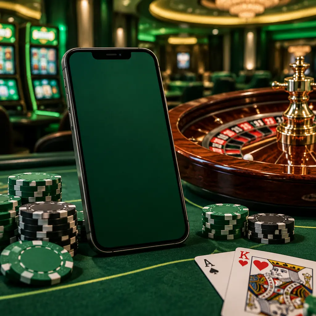 Ponsel di samping chip dan meja permainan casino