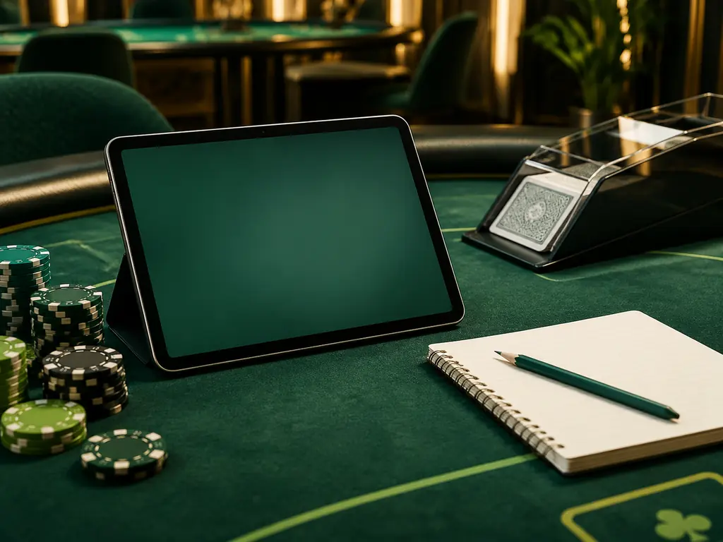 Catatan bantuan dan tablet di samping meja kartu casino