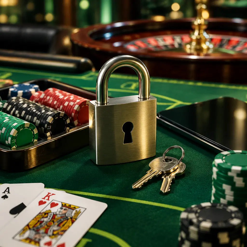Gembok logam dan kunci di dekat chip casino