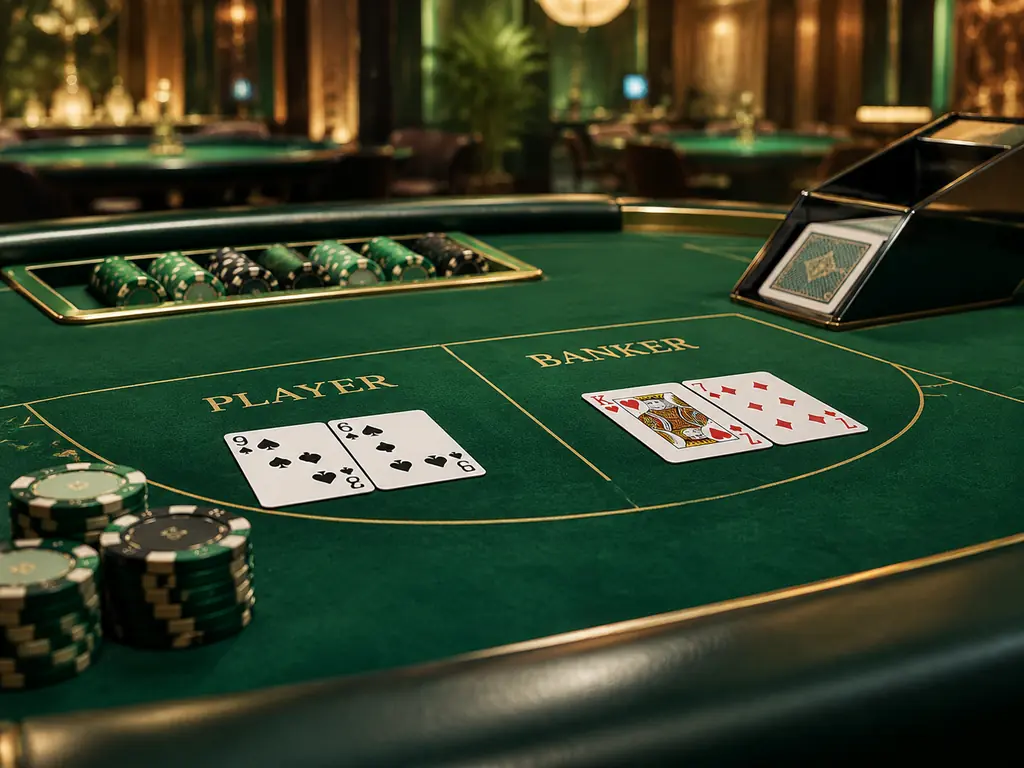 Meja baccarat hijau dengan kartu dan sepatu kartu