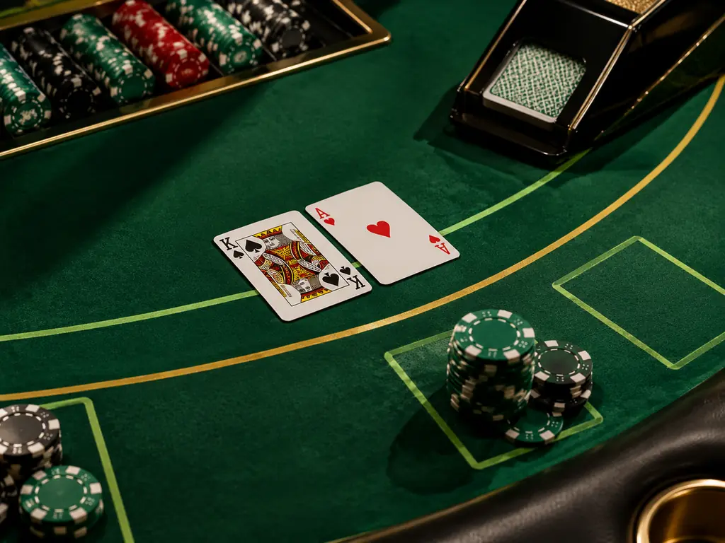Meja blackjack dengan kartu terbuka dan chip