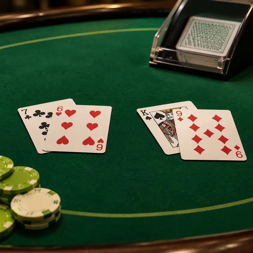 Kartu terbuka dan sepatu kartu di atas meja baccarat hijau