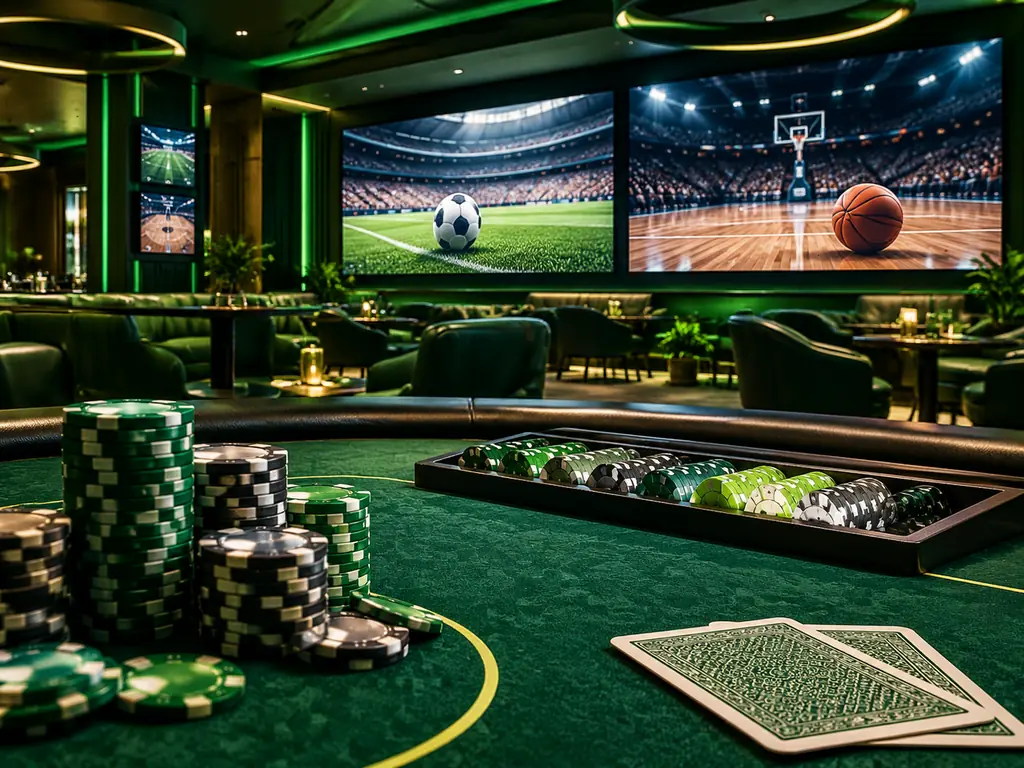 Layar pertandingan sepak bola dan basket di ruang sportsbook