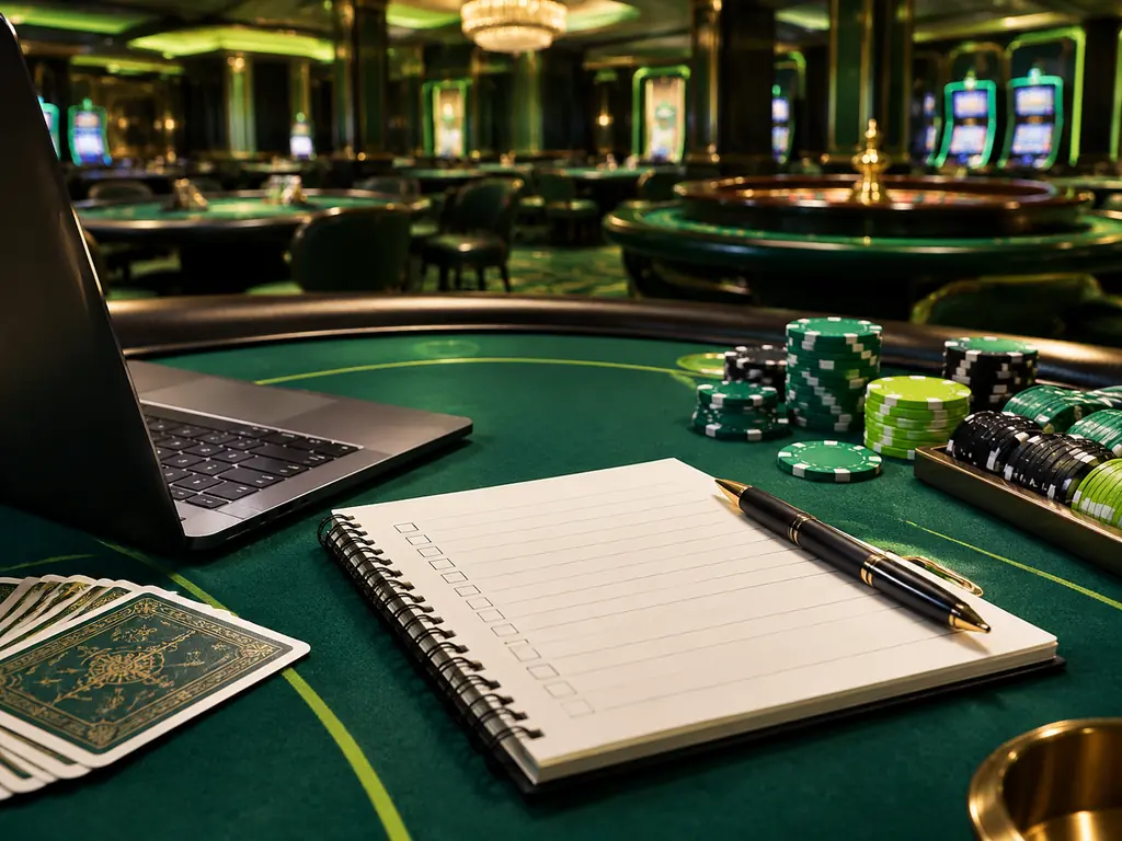 Buku catatan dan perangkat di meja casino