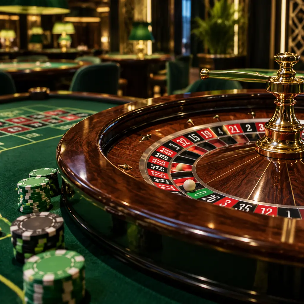 Roda roulette kayu dengan bola dan chip casino