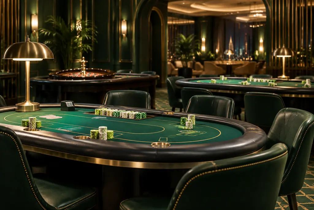 Interior casino bergaya klasik dengan meja kartu dan kursi hijau