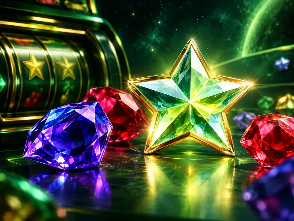 Permata berwarna dan bintang bercahaya di dekat mesin slot